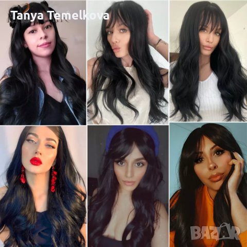Дълга на вълни черна перука с бретон, снимка 2 - Аксесоари за коса - 37032248