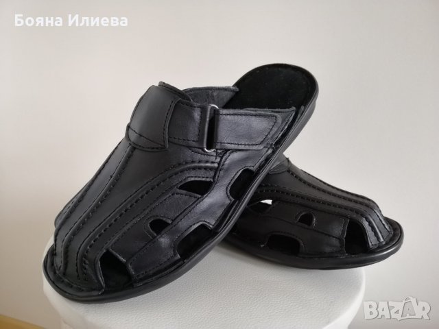 Габровски мъжки чехли ЕСТЕСТВЕНА кожа модел 014 черно и ант