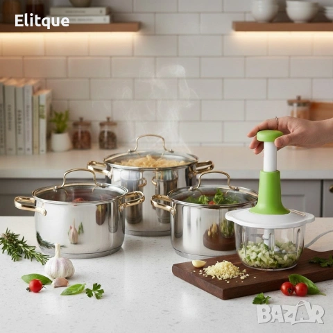 Комплект тенджери с елегантни златисти дръжки DJ24 + Подарък Ръчен чопър KN3