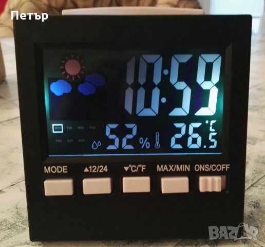 Цифров настолен часовник, будилник, време, дата, метеорологична станция