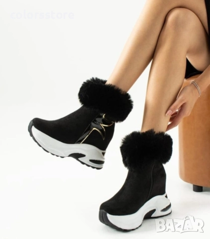 Боти на платформа - черен велур с пух - BH2025 