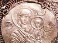 Възрожденска Сребърна икона, амулет, накит, медальон с Богородица, Дева Мария - Панагия 70 мм Сребро, снимка 8