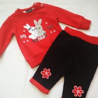 Комплект за бебе момиче в червено и тъмносиньо с шита щампа на зайчета, снимка 1 - Комплекти за бебе - 31877019