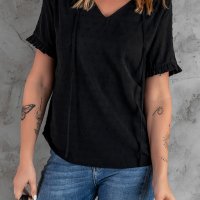 Дамска блуза в черно с къс ръкав и принт на точки, снимка 4 - Корсети, бюстиета, топове - 40494414