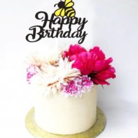 Happy Birthday пчела черен брокат картон топер украса табела за торта рожден ден , снимка 1 - Други - 30457594
