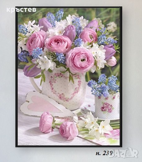 Диамантен гоблен ваза с рози 30/40 см, снимка 1