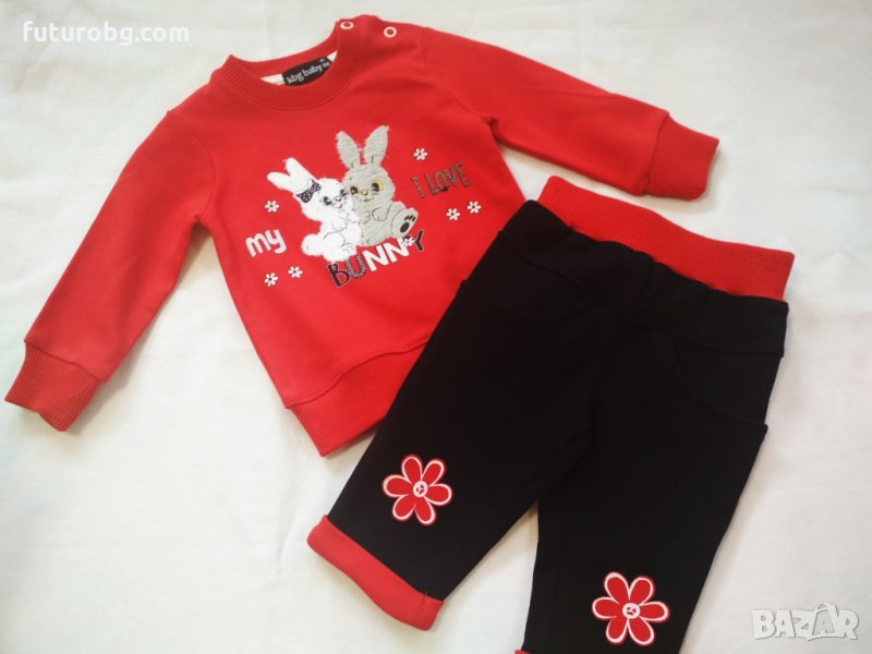 Комплект за бебе момиче в червено и тъмносиньо с шита щампа на зайчета, снимка 1