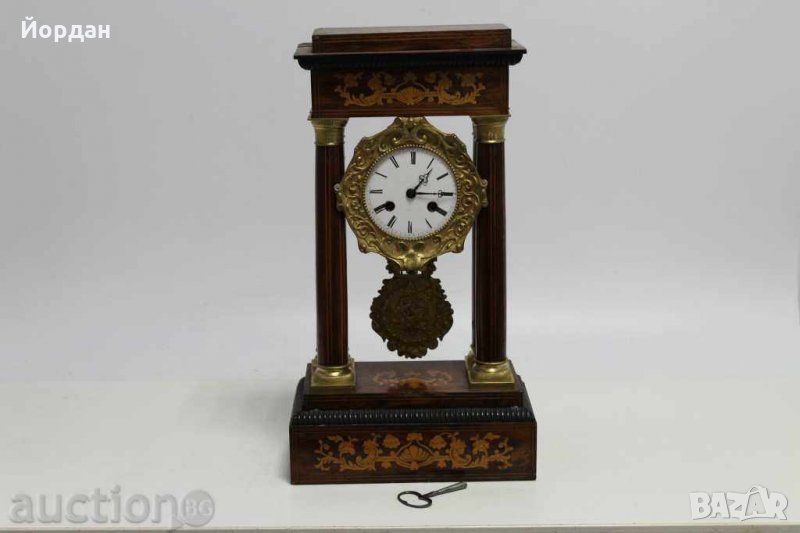 Френски каминен портален часовник, дърво с интарзия, снимка 1