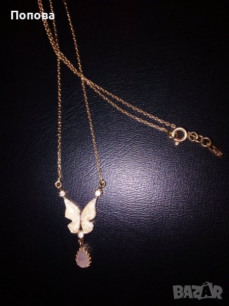 Уникално златно колие с розов кварц и пеперуда с емайл розово злато, снимка 1