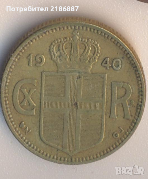 Исландия 1 крона 1940 година, с букви N GJ, рядка, снимка 1