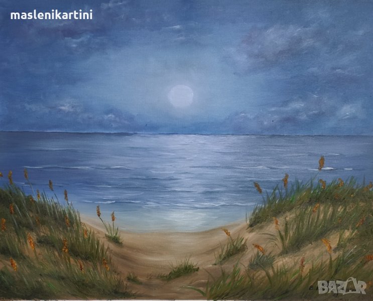 Маслена картина море и луна, снимка 1