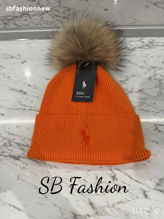 Оранжева шапка Polo с естествен пух, снимка 1