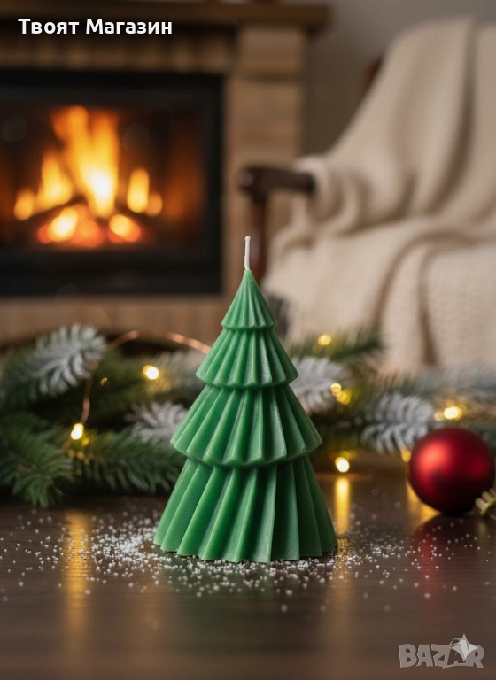 Елегантна ръчно изработена соева свещ "Коледна елха" (13 см) – За чисто горене и празничен уют, снимка 1