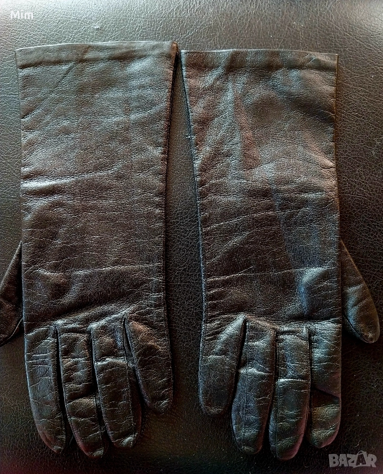 Черни кожени, дамски ръкавици с пет пръста , снимка 1