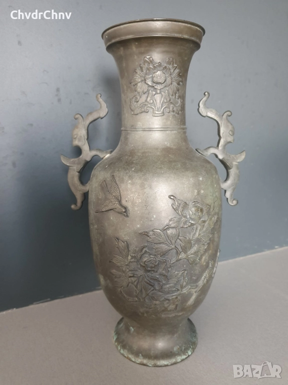 30см-3кг стара китайска бронзова ваза /фигурална/с птици и рози, снимка 1