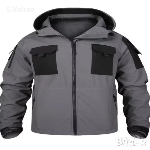 Работно Тактическо Ветроустойчиво яке с качулка, с много джобове, Цвят -Сив, снимка 2 - Якета - 52857693