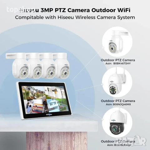 Нова, тествана система за видеонаблюдение Hiseeu 4бр. 5MP PTZ камери, 10'' монитор, 10CH NVR с 1TB.., снимка 9 - Комплекти за видеонаблюдение - 50502572