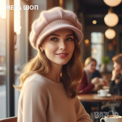 Дамска зимна плетена шапка с козирка и декоративни камъчета, снимка 2 - Шапки - 52682641