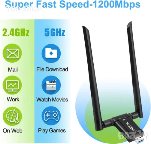 USB адаптер с двойна антена Wifi Usb 3.0 AC1200 2.4 / 5.8Ghz 300Mbps - 867Mbps Антена 5 dBi, снимка 2 - Мрежови адаптери - 48476924