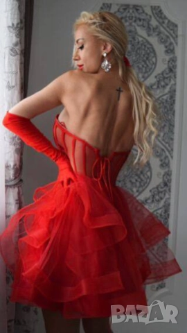 тюлена червена рокля тип корсет , снимка 3 - Рокли - 51679570
