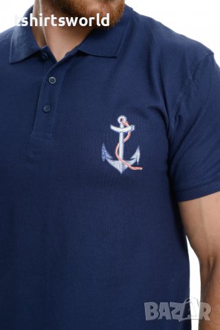 Нова тъмносиня мъжка блуза (тениска) тип Lacoste с Котва и яка, снимка 2 - Блузи - 37662468