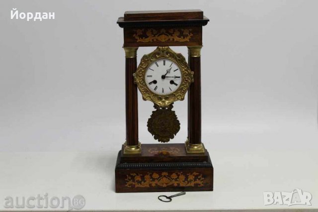 Френски каминен портален часовник, дърво с интарзия