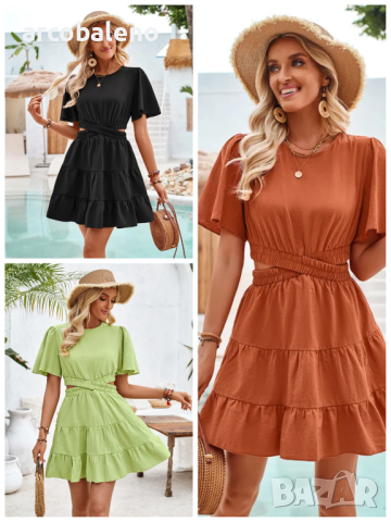 Дамска рокля с кръгла яка и къс ръкав, 3цвята 