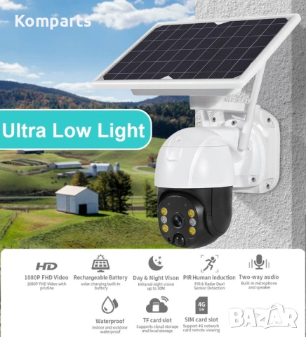 Соларна камера Full HD, PTZ въртяща, WiFi, 4G, Безкабелна, Преместваем соларен панел