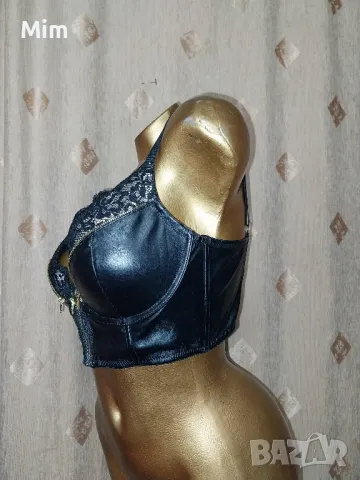 80 С Черен сутиен от кожа и дантела с златист цип , снимка 7 - Бельо - 48857586