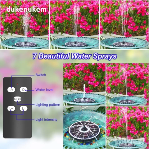 Соларен фонтан SZMP 6W с дистанционно управление – LED, 4000mAh, снимка 4 - Друга електроника - 53240052