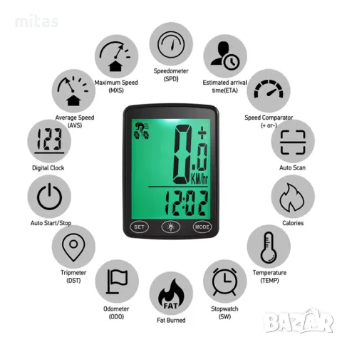 Велокомпютър с 25 функции, Водоустойчив, LED подсветка, LCD 39х48мм., снимка 6 - Аксесоари за велосипеди - 50380913