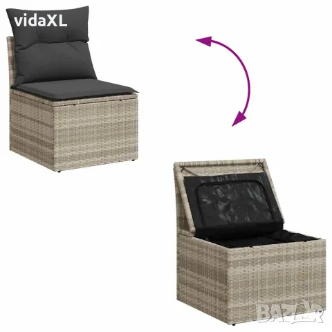 vidaXL Външен стол без подлакътници с възглавници светлосив полиратан, снимка 8 - Градински мебели, декорация  - 56147334