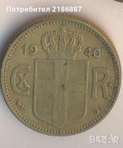 Исландия 1 крона 1940 година, с букви N GJ, рядка