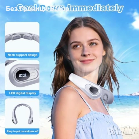 Нов Акумулаторен вентилатор за врат мощно охлаждане LED дисплей тих 5 степени, снимка 2 - Други стоки за дома - 54092355