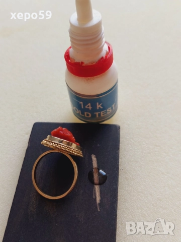 Дамски златен пръстен 14к с инкрустирана коралова камея, снимка 16 - Пръстени - 52624282