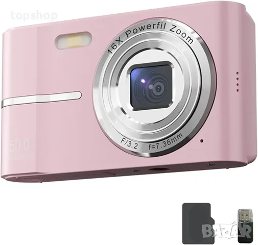 Компактен Ретро Дигитален Фотоапарат Panruia AuraCam (4K, 50MP, 16x Zoom, 32GB Карта, Розов)  