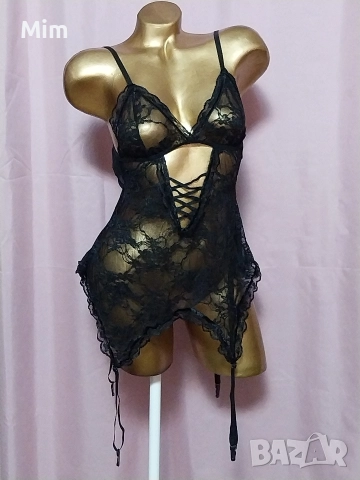 L Черна дантелен / корсет / нощница с жартиери за чорапи 