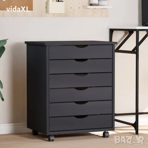 vidaXL Шкаф с чекмеджета на колелца MOSS, сив, бор масив, снимка 2 - Шкафове - 56147346