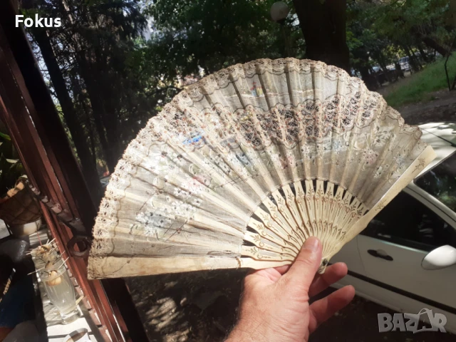 Антикварно дамско ветрило от кост и коприна 19 век, снимка 2 - Антикварни и старинни предмети - 51132115