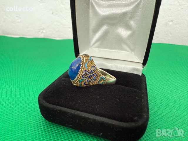 Уникат ! Сребърен пръстен с емайл / позлата и лапис лазули. №7638