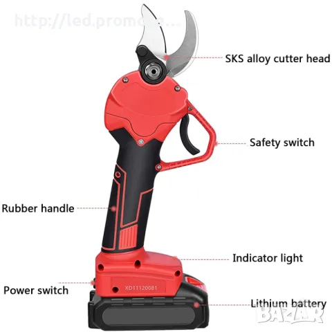 Електрическа градинска ножица с 2 батерии 36V, аксесоари и транспортен куфар