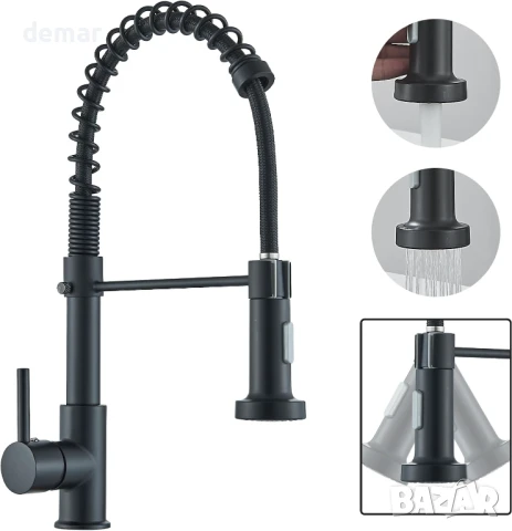 HARNART Черен кухненски смесител с издърпващ се чучур, висока арка, 2 режима, снимка 2 - Смесители - 51234591