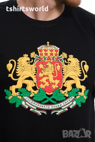 Нова мъжка черна тениска с релефен трансферен печат Герб на България , снимка 2 - Тениски - 28017520