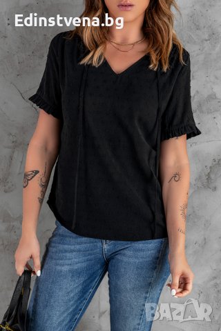 Дамска блуза в черно с къс ръкав и принт на точки, снимка 4 - Корсети, бюстиета, топове - 40494414