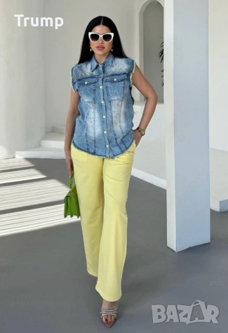 Ефектен комплект от елек деним и панталон жълт цвят