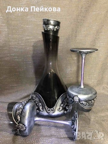 РЪЧНО ИЗРАБОТЕН СЕТ ОТ 3 ЧАСТИ ДЕКАНТЕР И  2 ЧАШИ, снимка 2 - Декорация за дома - 36221262