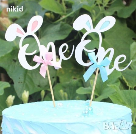 ONE 1 годинка Заек Зайче картонен топер украса декор за торта рожден ден