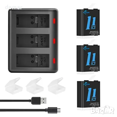 KUNLUN Hero 12/11/10/9 батерии 3 броя + 3-канално USB зарядно 1800mAh