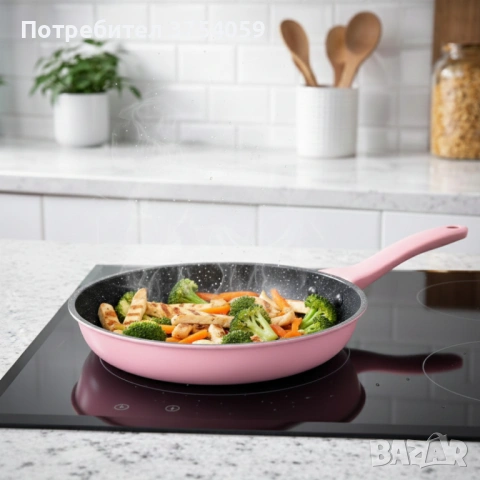 Комплект тигани Cheffinger розово с мраморно покритие – 3 части за всяка кухня - розов цвят, снимка 2 - Съдове за готвене - 53124753