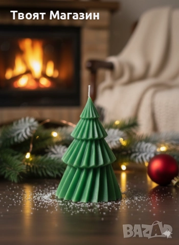 Елегантна ръчно изработена соева свещ "Коледна елха" (13 см) – За чисто горене и празничен уют